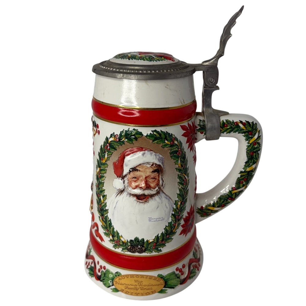 Vintage 1992 Norman Rockwell Jolly Santa Lidded Tankard Stein Ceramarte